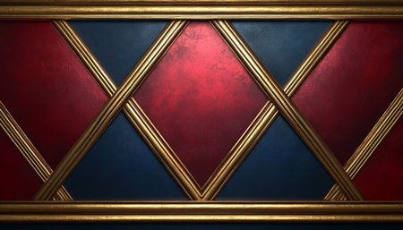 A close-up of a decorative panel with a diamond pattern and gold trim, showcasing a red and blue color scheme.の素材
