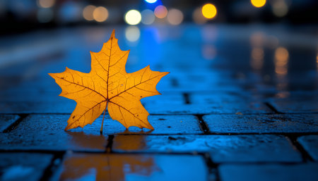 A lone golden leaf sits on wet brick pavement, illuminated by the soft glow of city lights.の素材