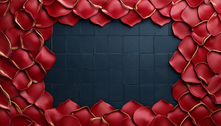 A close-up image of red and gold flower petals arranged to create a frame around a dark blue, textured, tiled background.の素材