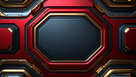 An abstract image featuring a metallic octagon frame with red, gold, and black accents.の素材