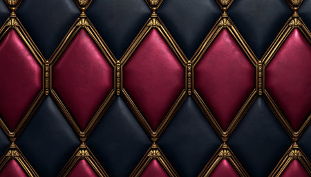 A close-up of a diamond-shaped leather upholstery pattern with ornate gold trim.の素材