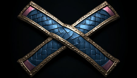 A close-up image of two intertwined straps made of gold, blue, and pink materials. The straps are crossed over each other, creating a geometric pattern.の素材