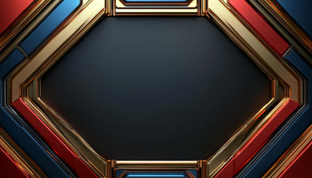 A digitally rendered image of an abstract octagonal frame with red, blue, and gold stripes on a dark background.の素材