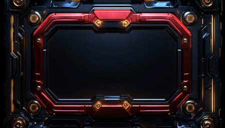 A close-up image of a futuristic frame made of red and gold metal with a black center.の素材