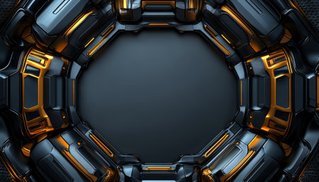 A 3D rendering of a circular frame composed of black and gold metallic panels, creating an abstract and futuristic design.の素材