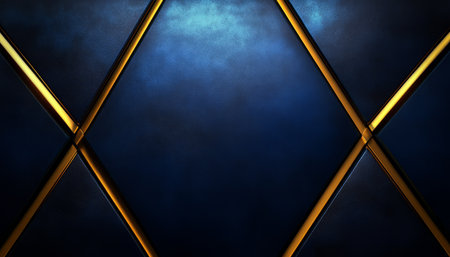An abstract geometric pattern of intersecting golden lines on a textured, dark blue background.の素材