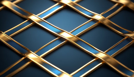 A close-up of a repeating pattern of intersecting gold and blue stripes on a dark background, creating a modern and elegant abstract design.の素材