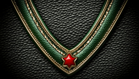 A close-up of a green leather V-shaped trim with gold detailing and a red star in the center.の素材