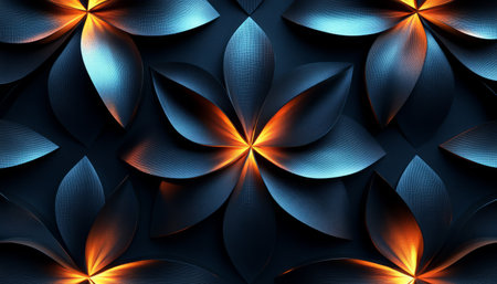 A close-up image of an abstract metallic flower pattern with a glowing orange center against a dark blue background.の素材