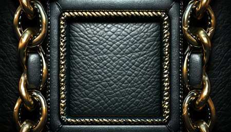 A close-up of a black leather frame with golden chains and rope trim.の素材