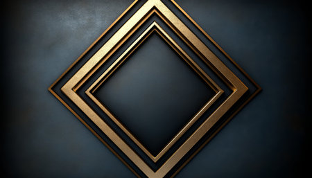A dark background features a geometric pattern of overlapping golden frames creating an abstract and modern design.の素材