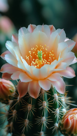 A close-up photograph of a single pink cactus flower in bloom, showcasing its delicate petals and vibrant colors against a backdrop of sharp spines.の素材
