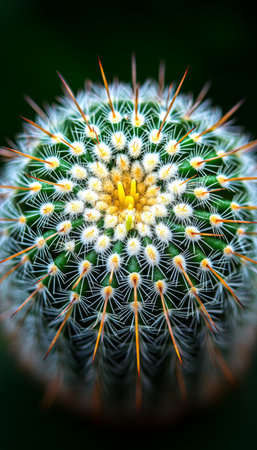 A detailed close-up image of a cactus with prominent spines, showcasing the intricate texture and vibrant colors of the plant.の素材