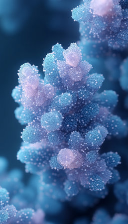 A close-up of a biological structure, resembling a cluster of cells or a coral, with a blue and pink color scheme.の素材
