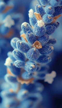 A close-up view of a lavender flower, showcasing its intricate details and blue petals.の素材