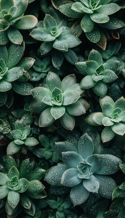A close-up image of succulent plants with dew drops on their leaves, showcasing their vibrant green color and intricate texture.の素材