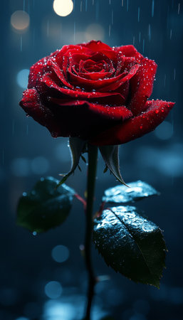 A single red rose with water droplets on its petals and leaves, standing out against a dark and blurred background.の素材