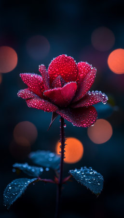 A close-up photograph of a single red rose covered in dew drops against a soft, blurred background of bokeh lights.の素材
