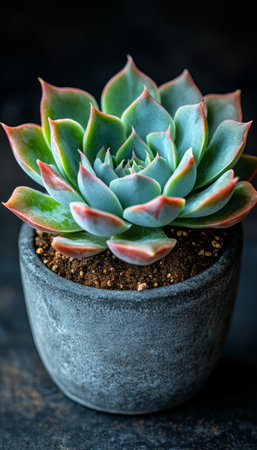 A close-up shot of a succulent plant in a gray pot, showcasing its vibrant green and red leaves.の素材