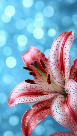 A detailed close-up of a pink lily flower with water drops on its petals against a blue bokeh background.の素材