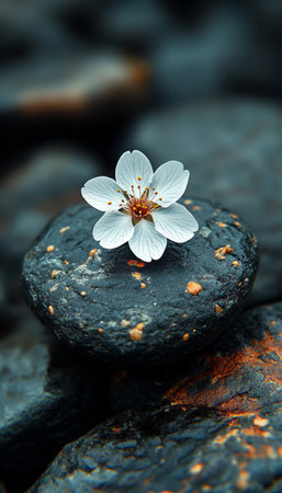 A single white flower with delicate petals sits atop a smooth black stone, providing a peaceful contrast against the dark backdrop.の素材