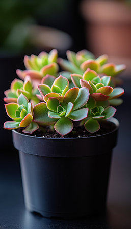 A close-up image of a succulent plant with red-tipped leaves growing in a black pot. The plant is in focus, while the background is blurred.の素材