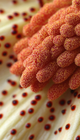 A close-up image showcasing the intricate texture of a flower&#39;s stamen covered in pollen.の素材