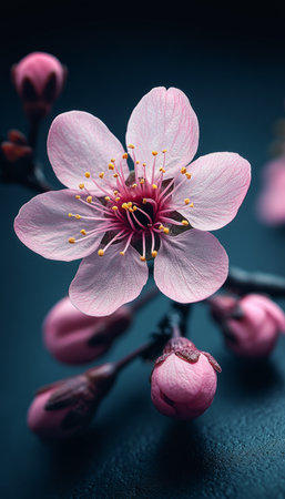 A single pink flower with multiple buds in various stages of development, captured in a close-up shot against a dark background.の素材