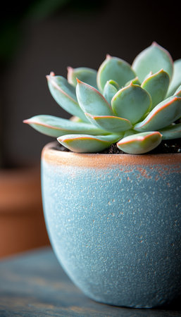 A close-up image of a green succulent plant with red tips, growing in a blue ceramic pot.の素材