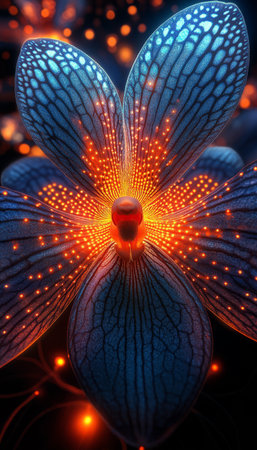A close-up of a blue orchid with glowing orange lights, creating a surreal and futuristic aesthetic.の素材