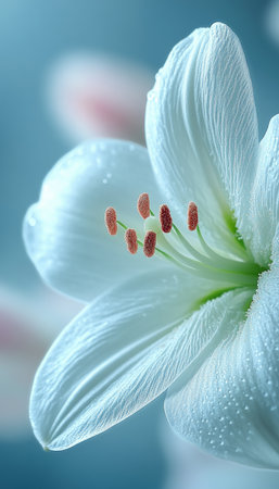 A close-up shot of a white lily flower with dew drops on its petals.の素材