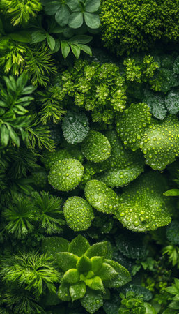 A close-up image showcasing a variety of green leaves covered in water droplets, highlighting the beauty and intricate details of nature.の素材