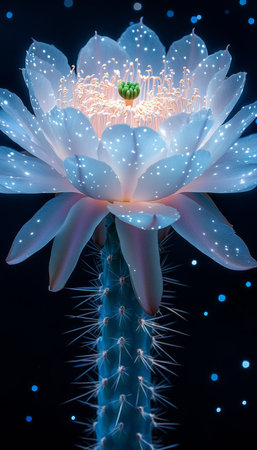 A close-up of a cactus flower blooming against a dark background, lit with a starry night glow.の素材