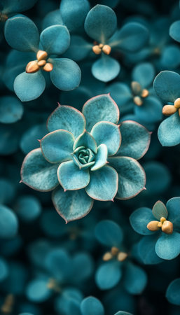 A vibrant blue succulent plant with delicate petals, captured in close-up, showcasing its intricate texture and natural beauty.の素材