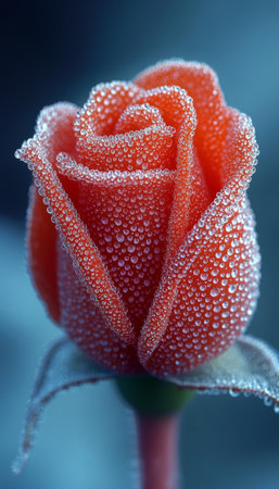 A close-up photograph of a single red rose covered in dew drops, showcasing the delicate beauty of the flower.の素材