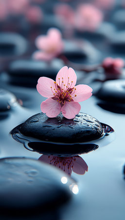 A single pink flower rests atop a smooth black stone floating in a tranquil body of water.の素材