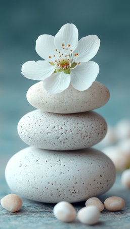 A single white flower rests atop a stack of three smooth white stones on a blue background.の素材