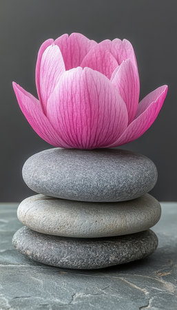 A pink flower rests atop a stack of three gray stones, symbolizing peace and tranquility.の素材