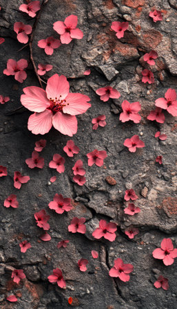 Pink flowers are scattered on a rough gray rock, creating a delicate contrast of color and texture.の素材