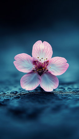 A close-up photograph of a single pink flower with delicate petals resting on a dark blue background.の素材