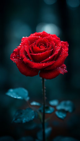 A close-up of a single red rose with dew drops on the petals against a dark green background.の素材