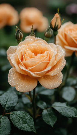 A close-up photograph of a peach-colored rose in bloom, covered in dew drops, with green leaves surrounding it.の素材