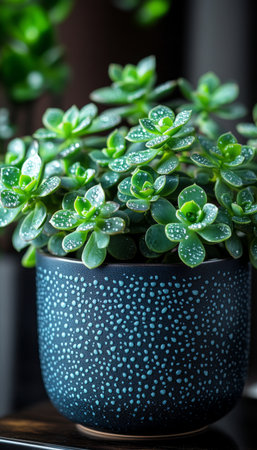 A succulent plant with dew-covered leaves in a blue speckled pot.の素材