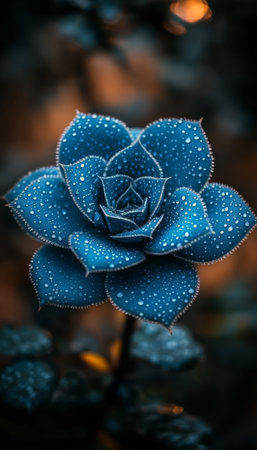 A close-up shot of a blue succulent flower covered in dew drops.の素材