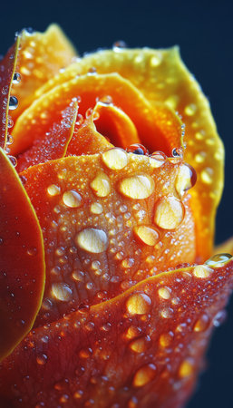 A close-up of a rose petal covered in water droplets, showcasing the vibrant orange and red hues and intricate textures of the flower.の素材