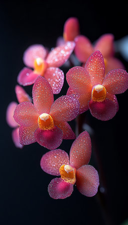 A close-up image showcasing a cluster of pink and orange orchid blooms covered in dew drops against a dark background.の素材