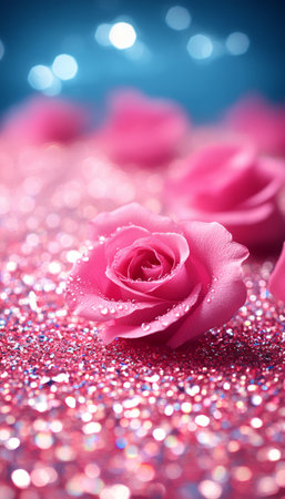 A single pink rose with dew drops on its petals, resting on a sparkling glitter background.の素材