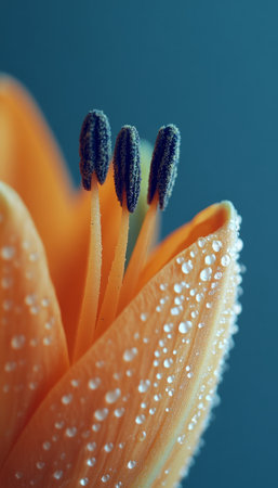 A close-up image of a dew-covered orange lily stamen. The image showcases the delicate texture of the flower and the sparkling drops of water.の素材
