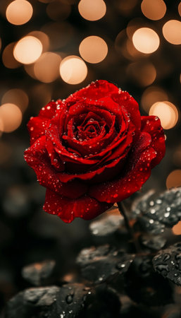 A close-up photograph of a single red rose with dewdrops on its petals, set against a background of bokeh lights.の素材