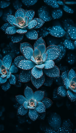 A close-up of succulent plants with water droplets on their leaves, showcasing a vibrant blue color against a dark background.の素材